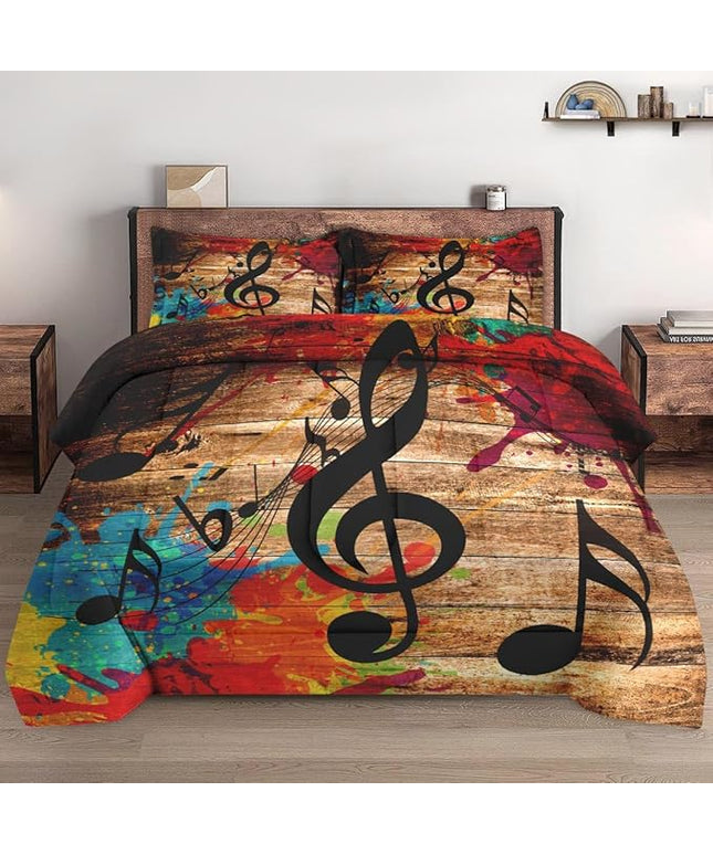 Twin Size Comforter Set with Pillowcase, Musical Music Disco 2 Pcs Bedding for Kids and Adults, Black Retro Woodboard Soft Comforter Set for Bedroom Bed Decor