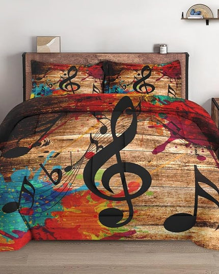 King Size Comforter Set with 2 Pillowcases, Musical Music Disco 3 Pcs Bedding for Kids and Adults, Black Retro Woodboard Soft Comforter Set for Bedroom Bed Decor