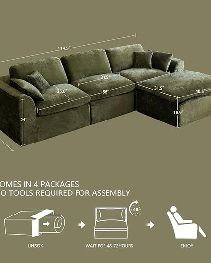115''Cloud Sectional Couch, Modern L-Shape Sofa with Ottoman, Oversized Convertible 3 Seater Modular Couches for Living Room, Forest Green