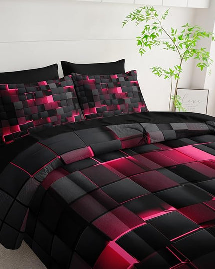 Geometric Pink Black King Comforter Set,Light Honeycomb Bedding Set 7 Piece in A Bag,Bed Sheet Set Geometry Decor,Microfiber Lightweight All Season