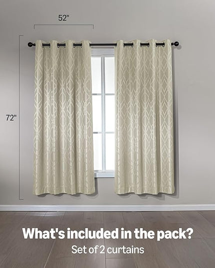 Amazon Basics Jacquard 2-Piece 100% Blackout Curtains, Living Room and Bedroom Drapes, Thermal Insulated Window Treatment, 52"x72", Beige