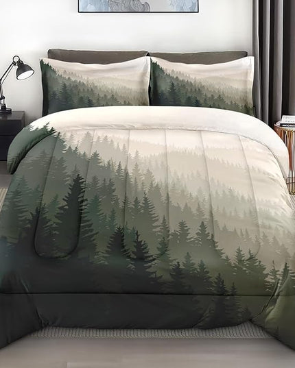 Comforter Set Queen Size, Mountain Pine Tree Forest 3 Pcs Soft Bedding Set for Kids and Adults Natural Landscape Comforter Set with 2 Pillowcases for Bedroom Bed Decor