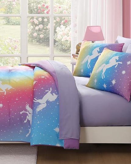 Twin Comforter Set for Girls-5 Pieces Rainbow Unicorn Twin Bedding Sets for Kids, Ultra Soft Bed in A Bag with Sheets