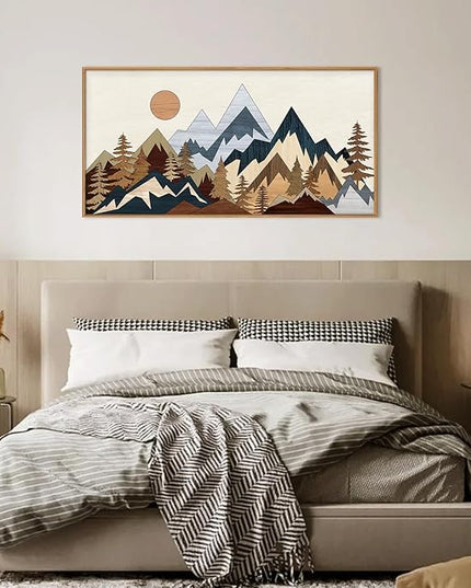 HOURIA Mid Century Mountain Woodland Framed Wall Art Set,Boho Sunrise Pine Tree Wall Decor,Wilderness Nature Forest Artwork,Modern Woodcut Field Art Print for Living Room,Bedroom,Office- 20"x40"x1