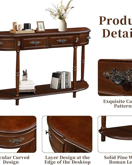 HMFULE Retro Curved Console Table, 52" Half Moon Console Table Sofa Table Entryway Table with 2 Drawers 1 Open Shelf Solid Pine Legs for Living Room,Entryway,Hallway,Cherry