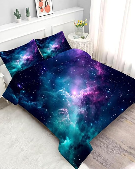 Galaxy Comforter Set Full/Queen Blue Space Bedding for Kids Girls Teen Women Bedroom Decor Moon Cloud Starry Sky Quilt Bed, 1 Comforter 2 Pillowcases