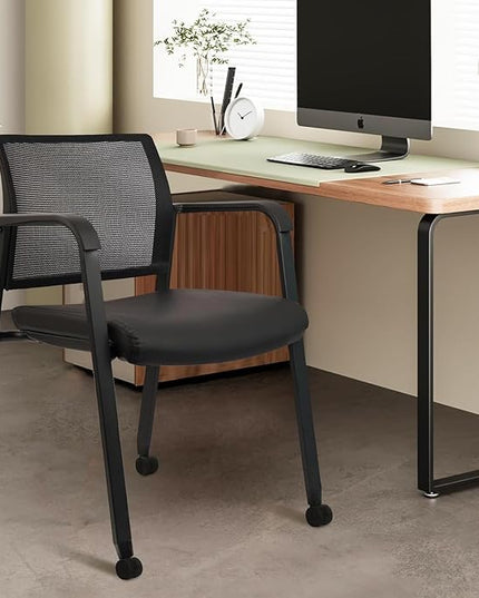 CLATINA Stacking Office Chair with Wheels, Mesh Back Waiting Room Guest Chairs with Arms Comfortable Leather Cushion Stackable Desk Chair for Conference Reception School Side Stationary, Black, 8 PK
