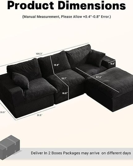 106.3” Sectional Couches for Living Room, Cloud Couch, Modular Sectional Sofa, Convertible Sofas Bed, Deep Seat Sofa, L Shaped Cozy Sofa Furniture Set, Corduroy, Black