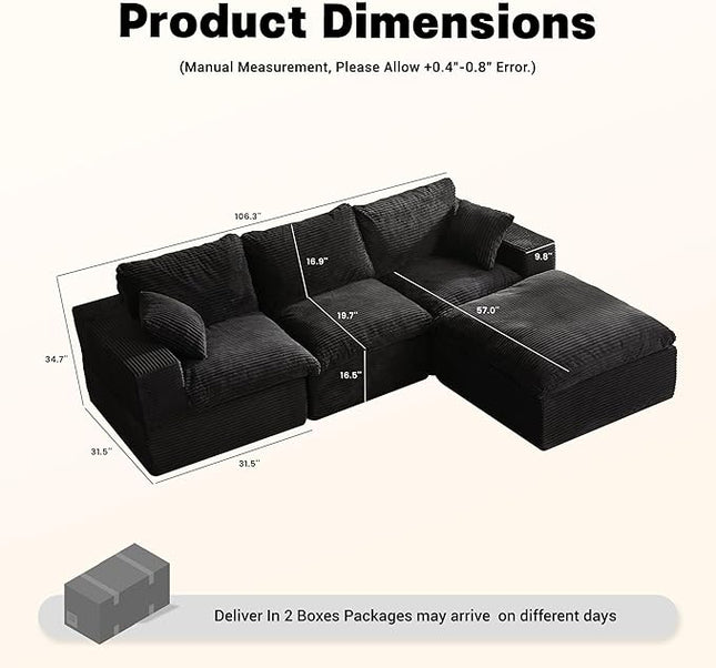 106.3” Sectional Couches for Living Room, Cloud Couch, Modular Sectional Sofa, Convertible Sofas Bed, Deep Seat Sofa, L Shaped Cozy Sofa Furniture Set, Corduroy, Black