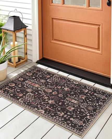GLN Rugs Bohemian Collection - Machine Washable Area Rug, Bohemian Vintage, Non Slip, Low Pile Chenille Rug, Living Room, Bedroom, Bathroom Rug (2'x3' Black)