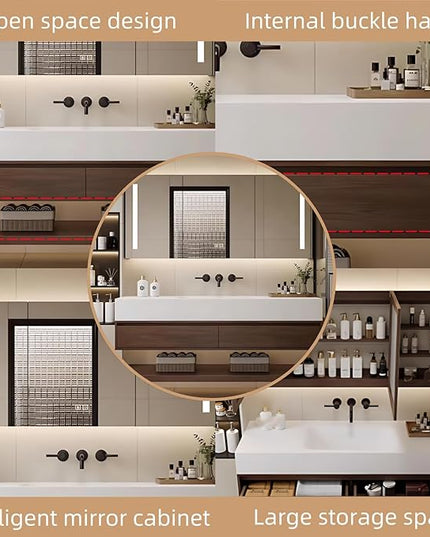 44IN Bathroom Vanity with Sink - Luxury Bathroom Cabinet | Intelligent Mirror Cabinet Including LED Light Strip & Defogging Mirror Cabinet, Large Storage Space, 2 Drawers (Brown)