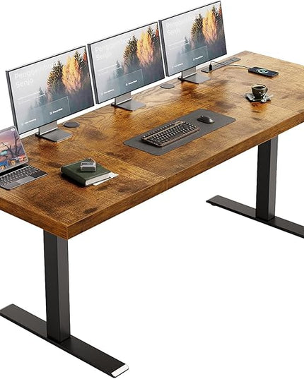 OffiGo Electric Standing Desk with 3-Piece Board, 71 Inch Height Adjustable Large Desk with Power Outlets, Sit Stand Table, Writing Computer Desk for Home, Office, Workstation, Rustic Brown