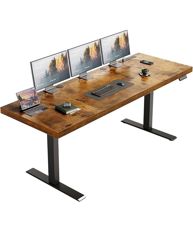 OffiGo Electric Standing Desk with 3-Piece Board, 71 Inch Height Adjustable Large Desk with Power Outlets, Sit Stand Table, Writing Computer Desk for Home, Office, Workstation, Rustic Brown