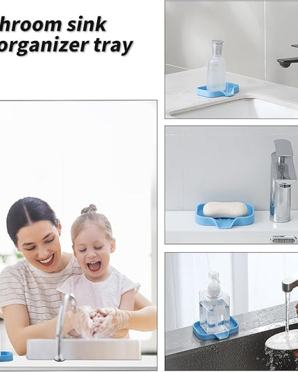Silicone Bathroom Soap Dishes with Drain Spout-Bathroom and Kitchen Sink Organizer,Sponge Holder,Dish Soap Tray,Perfect for Dispenser,Scrubber,Bottle on Sink or Counter-Light Blue 4.9"×3.2"