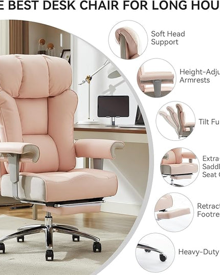 Efomao Big and Tall Ergonomic Office Chair 450LBS with Foot Rest, High Back PU Leather Executive Chair with Adjustable Padded Armrests, Lumbar Support for Home or Work, Heavy Duty Computer Chair, Pink