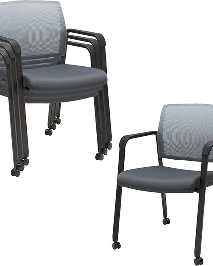 CLATINA Mesh Back Stacking Arm Chairs with Upholstered Fabric Seat and Ergonomic Lumbar Support for Office School Church Guest Reception (WithWheels Gray- 4 Pack)