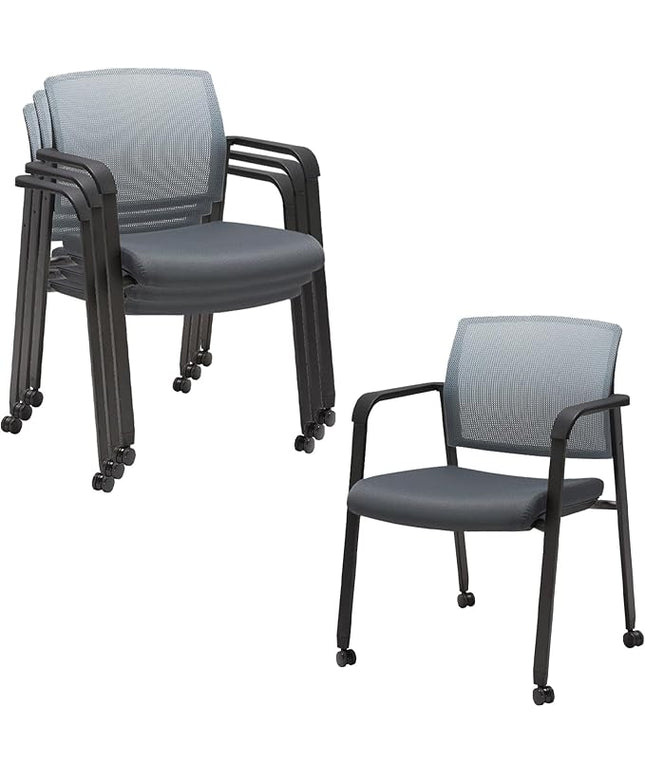 CLATINA Mesh Back Stacking Arm Chairs with Upholstered Fabric Seat and Ergonomic Lumbar Support for Office School Church Guest Reception (WithWheels Gray- 4 Pack)
