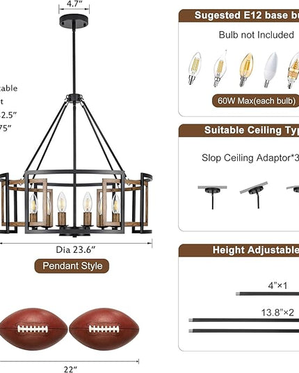 6-Light Drum Chandelier for Dining Room，23.6" Rustic Farmhouse Dining Room Light Fixture，Wood Grain and Vintage Black Metal Chandeliers for Kitchen Entryway Living Room