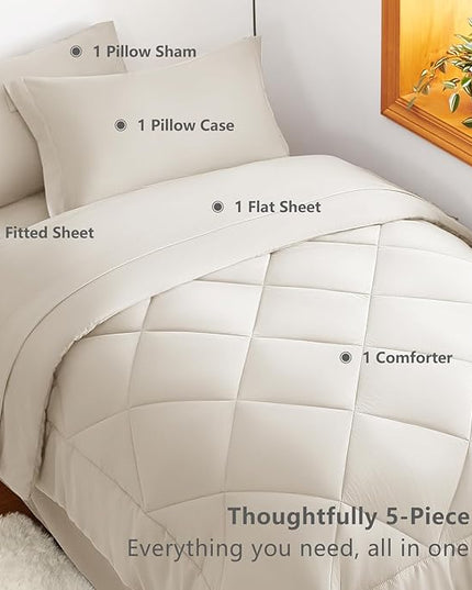 CozyLux Twin Comforter Set with Sheets Beige - 5 Pieces Bed in a Bag Twin, All Season Bed Set for Girls and Boys, Bedding Set with Down Alternative Comforter, Sheets, Pillowcase & Sham