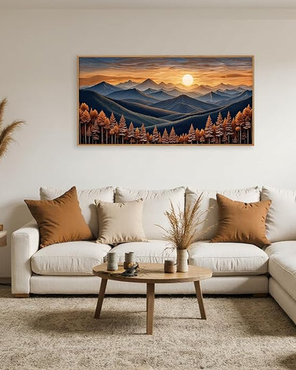 HOURIA Boho Wilderness Sunset Woodland Mountain Framed Canvas Wall Art Set,Vintage Golden Hour Forest Landscape Decor,Natural Modern Pine Tree Botanical Artwork for Living Room,Farmhouse- 40"x20"x1