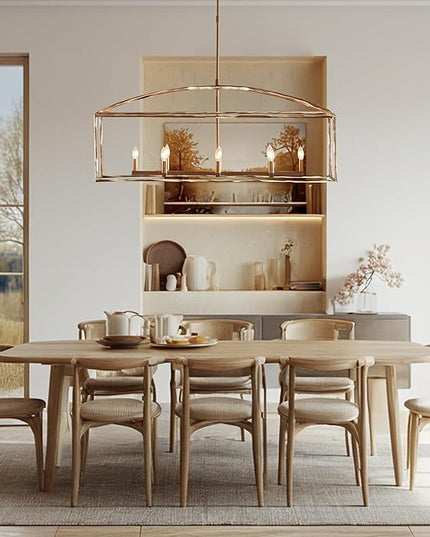 Farmhouse Iron Linear Chandelier, Industrial Cage Adjustable Height Hanging Lamp with Hammered Metal Finish, Light Fixtures for Kitchen Island, Dining Room, Hallway, Foyer, Entryway (Brass)