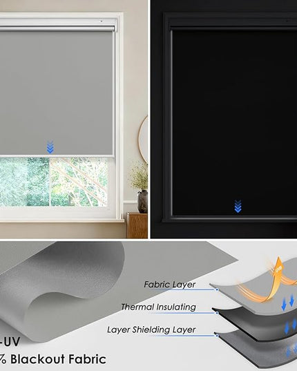 Motorized Roller Blinds with Remote Control & Solar Panel - 100% Blackout Smart Blinds, Automatic, Cordless, Electric Shades - Compatible with Alexa - Grey, 34¼" W x 72" H