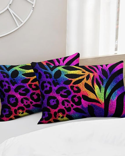 AILONEN Rainbow Leopard Print Comforter Set Queen Size,Tropical Leaves Print Boho Bedding Set for Room,3Pcs,1 Duvet with 2 Pillowcases