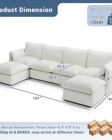 124" Cloud Modular Sectional Sofa, Waterproof Down Filled Sectional Couch, High Backrest U Shaped 4 Seater Couch with 2 Ottomans, Modern Modular Sofas with Removable Cover, Cream White