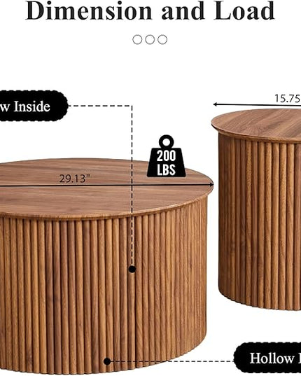 Fluted Round Nesting Coffee Table Set of 2, Mid Century Modern Wood Coffee Table and End Table Set, Minimalist Center Tables Circle Side Table for Living Room, Office(Walnut)