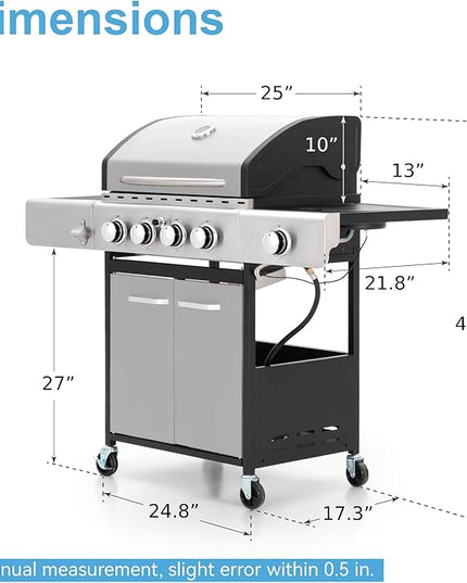 GREEN PARTY 4 Burner BBQ Propane Gas Grill with Side Burner & Porcelain-Enameled Cast Iron Grates, 545 SQIN Grilling Area 42,000 BTUs Barbecue Grill for Outdoor Cooking Garden Patio Backyard, Silver