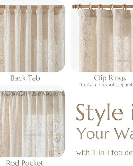 jinchan Linen Paisley Curtains 84 Inch Long for Bedroom Living Room, Embroidered French Country Farmhouse Drapes Back Tab, Light Filtering Cottagecore Boho Window Curtains, Ivory on Ecru, 2 Panels