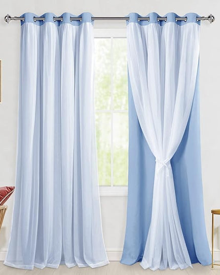 Hiasan Blackout Curtains with Sheer Overlay, Mix & Match Double Layer Thermal Insulated Room Darkening Curtains for Bedroom, Living Room, 2 Window Curtain Panels with Tiebacks, Baby Blue, 52W X 108L