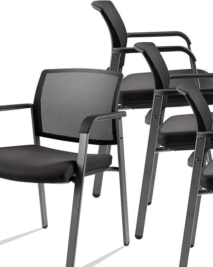 CLATINA Mesh Back Stacking Arm Chairs with Upholstered Fabric Seat and Ergonomic Lumber Support for Office School Church Guest Reception Black 4 Pack Set New Version