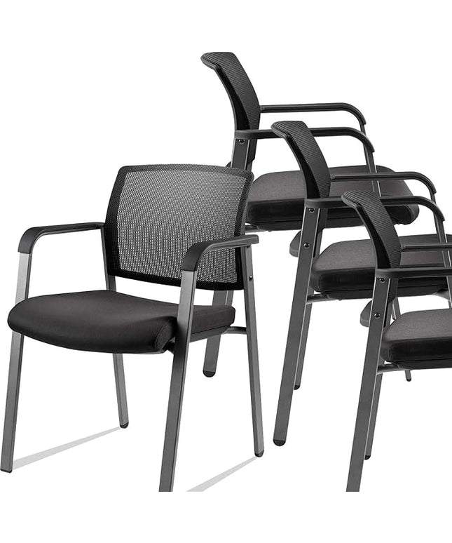 CLATINA Mesh Back Stacking Arm Chairs with Upholstered Fabric Seat and Ergonomic Lumber Support for Office School Church Guest Reception Black 4 Pack Set New Version