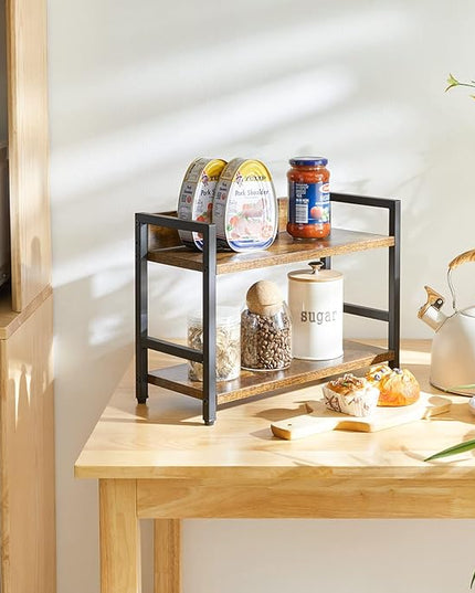IBUYKE 2-Tier Spice Rack Industrial Counter Shelf Desktop Storage Organizer Standing Seasoning Rack for Countertop Kitchen Office Living Room Desktop Rustic Brown UTLJ002H