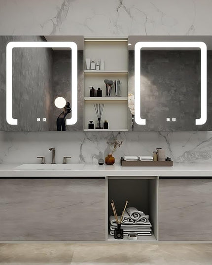 Bathroom Vanity with Sink - Modern Bathroom Cabinet | Large Storage Cabinets & Open Storage Compartments, Smart Defogging Mirror has Surrounding LED Lights (Light Gray, 80IN)