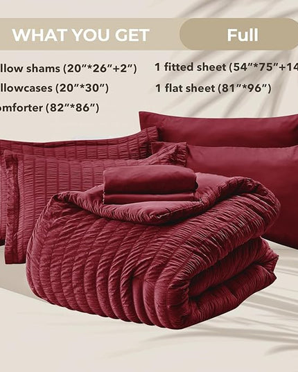 HYMOKEGE Burgundy Full Size Comforter Sets Seersucker 7 Pieces, All Season Luxury Bed in a Bag for Bedroom, Bedding Set with Comforters, Sheets, Pillowcases & Shams