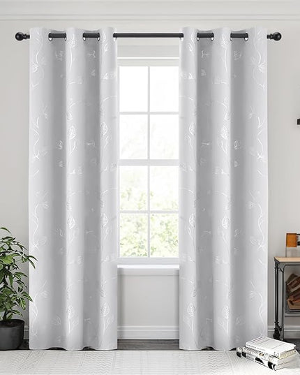 BUHUA Wave Silver Leaf Print Blackout Curtains for Living Room Darkening Curtains Light Blocking Curtains for Bedroom 38W×84L Greyish White 2 Panels