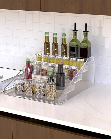 PMMASTO Widen Tiered Spice Rack, Seasoning Organizer, Clear Acrylic Vertical Shelves Can Organizer for Countertop, Cabinet, Pantry, Kitchen Organization and Storage - 5 Tier