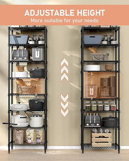 8 Tier 2000 lbs Storage Rack Metal Wire Shelving Unit, Storage Standing Shelf Organizer for Laundry Bathroom Kitchen Pantry Closet Garage Basement Utility Room, Black 13.8" D x 23.6" W x 79.5" H