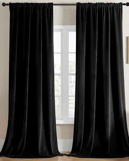 Joydeco Black Velvet Curtains 96 inch Length 2 Panels, Luxury Blackout Rod Pocket Thermal Insulated Window Curtains, Super Soft Room Darkening Drapes for Living Dining Room Bedroom,W52 x L96 inches