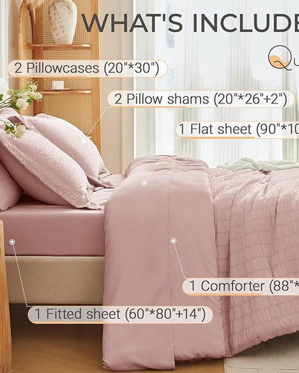 MUXHOMO 7 Pieces Queen Comforter Set, Seersucker Bed in a Bag Queen Size, All Season Luxury Bedding Set with Comforter, Flat Sheet, Fitted Sheet, Pillowcases & Shams, Rose Gold