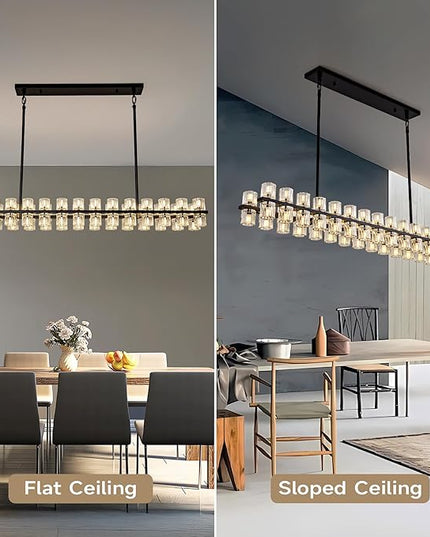 Crystal Black Rectangular Chandelier for Dining Room, 54in Chandeliers Over Table, Modern Chandelier Rectangle Contemporary Pendant Light Fixture for Kitchen Island Bar, Includes 60XG4 Bulbs