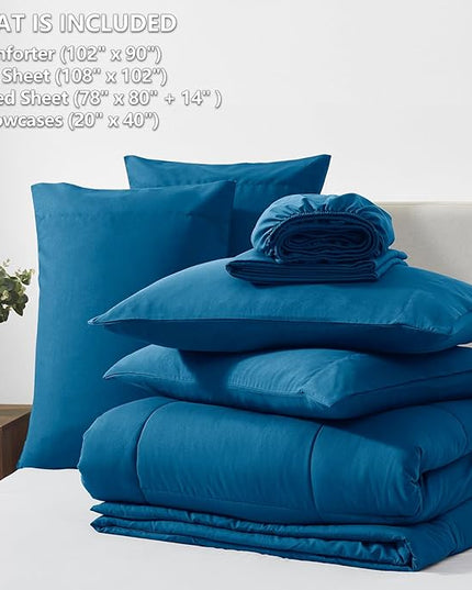 CozyLux King Size Comforter Set Teal, 7 Pieces Bed in a Bag, Teal Comforter King Size, All Season Bedding Sets with Stitch Quilted Comforter, Flat Sheet, Fitted Sheet, Pillowcases