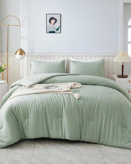 Litanika Queen Comforter Set Sage Green, 3 Pieces Lightweight Comforters Queen Size Solid Bedding Comforters Sets, Down Alternative Comforter Bed Set Quilt Blanket