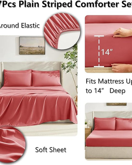 CozyLux Full Size Comforter Sets Coral, 7 Pieces Bed in a Bag, Coral Comforter Full Size, All Season Bedding Sets with Stitch Quilted Comforter, Flat Sheet, Fitted Sheet, Pillowcases
