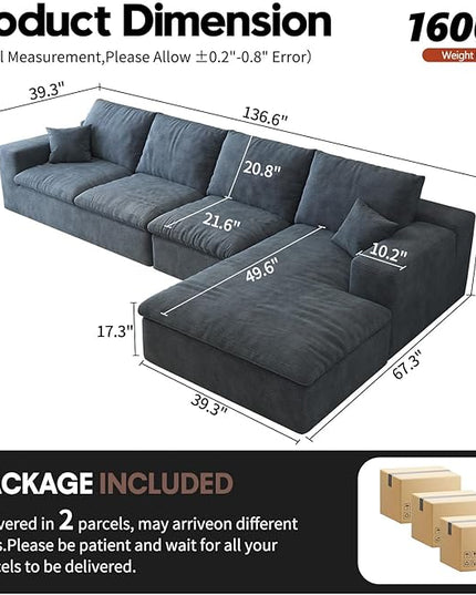 136.6'' L-Shaped Modern Modular Sectional Cloud Couch, 4-Seat Chenille Deep-Seat Sofa with Pillow for Living Room, Bedroom, Apartment, Ocean Blue