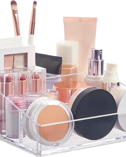 STORi Clear Plastic Small Countertop Vanity Makeup Organizer, Compact Rectangular 4-Compartment Holder for Brushes, Eyeshadow Palettes, & Beauty Supplies, Made in USA