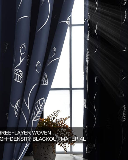 BUHUA Navy Blackout Curtains 84 Inches Long, Darkening Curtains for Bedroom Window Curtain Panels with Leaf Pattern (52 x 84 Inch, Navy Blue, 2 Panels)