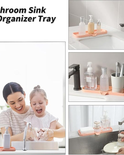 Silicone Bathroom Soap Dishes with Drain Spout-Bathroom and Kitchen Sink Organizer,Sponge Holder,Dish Soap Tray,Perfect for Dispenser,Scrubber,Bottle,Cup on Sink or Counter-Pink 12"×4"